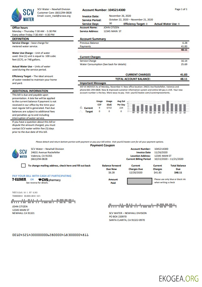 USA California Santa Clarita SCV Water utility bill template in Word and PDF format